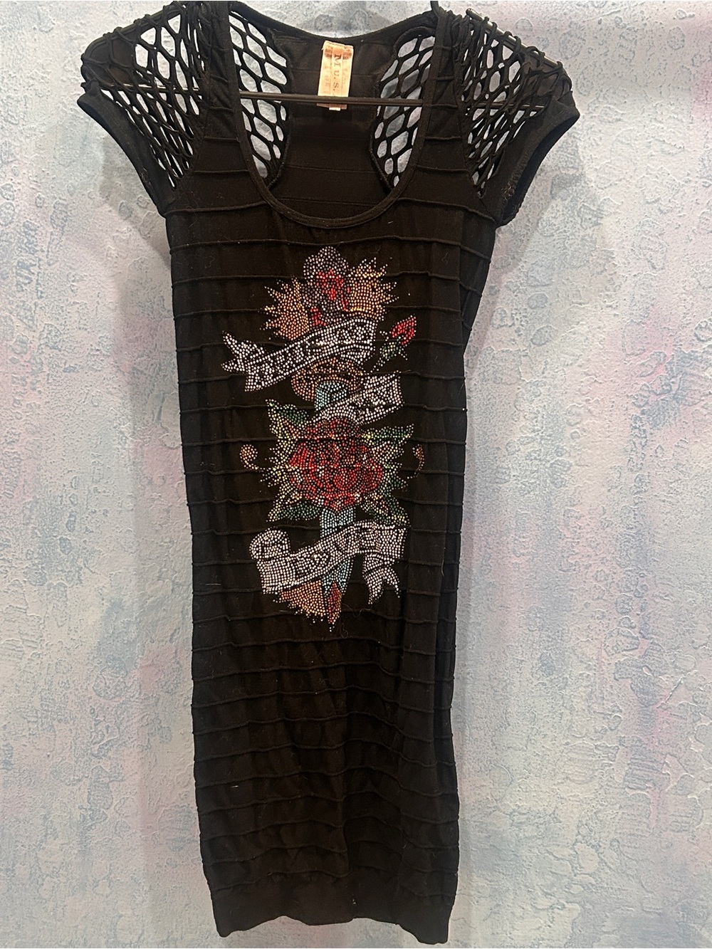 Black Embellished Net-Sleeve Bodycon Dress